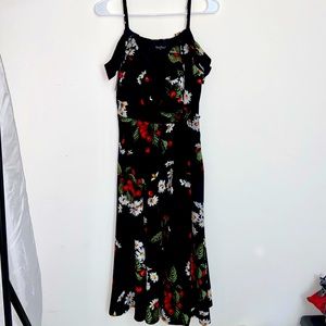 Black off shoulder dress with cherries & flowers